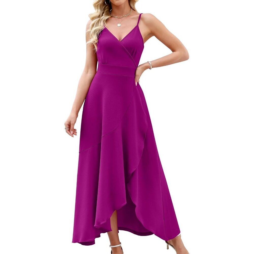 Women's Fuchsia Split V Neck Wrap Evening Party Cocktail Wedding Long Dress - Picture 1 of 7